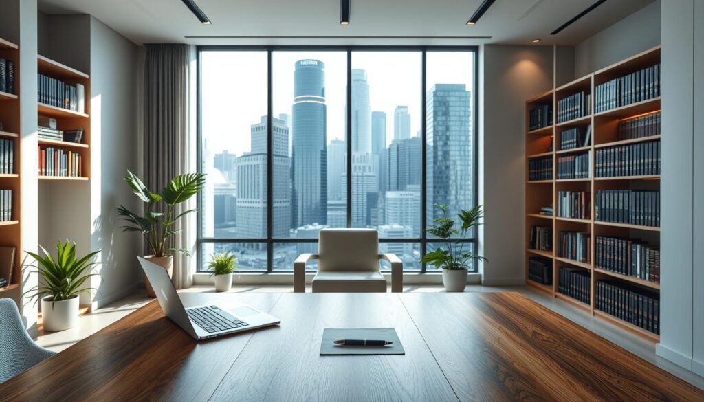 A modern, minimalist legal office interior with clean lines, natural lighting, and a warm, professional ambiance. In the foreground, a polished oak desk with a laptop, pen, and notepad, signifying the personalized legal services offered. Behind it, a large window overlooking a bustling city skyline, symbolizing the breadth of the law firm's expertise. Shelves of law books line the walls, creating an atmosphere of expertise and authority. Subtle touches of green plants and soft indirect lighting contribute to the calming, trustworthy environment. The overall impression is one of a capable, approachable legal practice dedicated to personal affairs.
