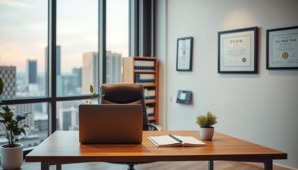 A modern, minimalist office interior with a large window overlooking a city skyline. In the foreground, a simple wooden desk with a laptop, notepad, and a potted plant. A comfortable leather chair is positioned behind the desk. The middle ground features a bookshelf filled with legal references and a framed certificate on the wall. The background is softly lit, creating a warm and professional atmosphere, hinting at the legal expertise available within.
