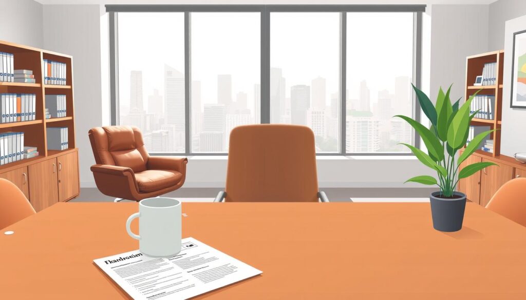 A modern, minimalist office interior with a warm, inviting atmosphere. In the foreground, a wooden desk with a laptop, coffee mug, and a potted plant. On the desk, a stylized illustration depicting various legal documents, including a contract, employee handbook, and worker's compensation form. The middle ground features a comfortable leather chair and a bookshelf with legal references and resources. The background showcases large windows overlooking a cityscape, flooding the room with natural light. The overall scene conveys a sense of professionalism, expertise, and a commitment to providing free, high-quality labor law consultations.