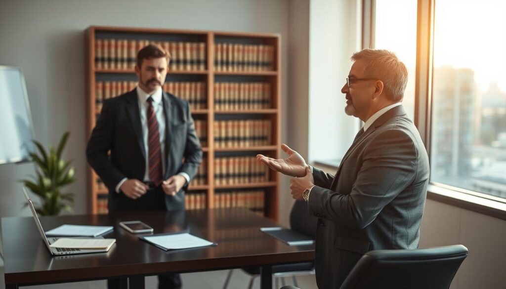 A modern office interior with a desk, laptop, and legal documents. In the foreground, a confident, well-dressed attorney stands, gesturing as they provide legal counsel. Soft, warm lighting illuminates the scene, creating a professional yet approachable atmosphere. The background features shelves of law books and a window overlooking a cityscape, conveying a sense of expertise and trustworthiness. The composition emphasizes the interaction between the lawyer and the client, highlighting the personalized, one-on-one nature of the legal consultation.
