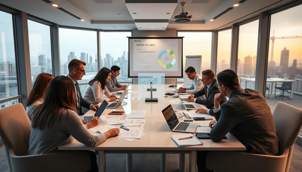 A modern office setting with government officials from the Ministry of Labor and representatives from various other agencies collaborating on a project. The scene depicts a meeting room with a large conference table, white boards, and a projector screen showcasing data visualizations. The officials are engaged in animated discussions, papers and laptops scattered across the table, indicating an active exchange of ideas and information. Subtle warm lighting from overhead fixtures casts a professional yet approachable atmosphere, while large windows in the background provide a glimpse of the city skyline, symbolizing the broader societal impact of their cooperative efforts. An atmosphere of productive partnership and shared purpose permeates the scene.