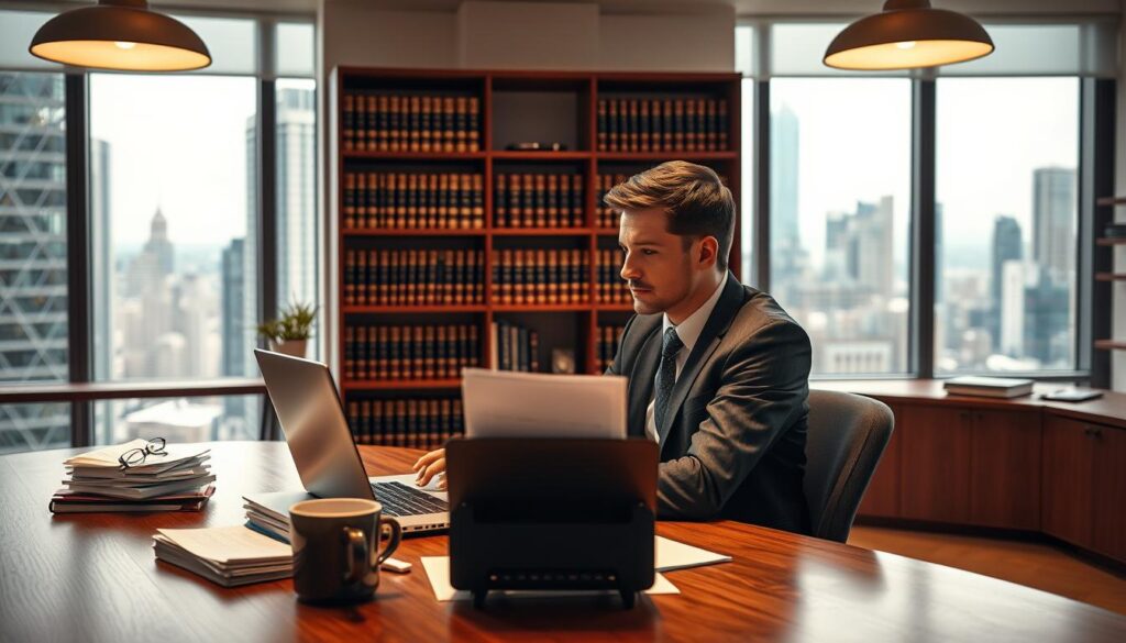 A modern, well-lit office interior with a focal point of a desk featuring a laptop, a stack of legal documents, and a cup of coffee. In the foreground, a professional-looking person, possibly a lawyer, sits at the desk, deep in thought. The middle ground showcases a bookshelf filled with legal volumes, while the background features large windows overlooking a bustling city skyline. The overall atmosphere conveys a sense of expertise, diligence, and the weight of legal responsibilities. The lighting is warm and inviting, creating a professional yet approachable ambiance.