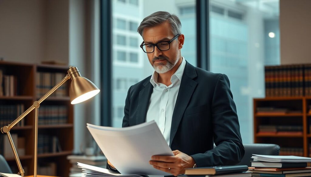 A professional attorney standing confidently in a law office, surrounded by books and documents. Warm lighting from a desk lamp casts a focused glow, highlighting the lawyer's diligent expression as they review important papers. In the background, a partially visible bookshelf and a large window suggest an atmosphere of expertise and authority. The scene conveys the essential skills of a skilled legal practitioner: attention to detail, analytical thinking, and a command of the law.