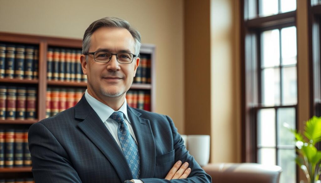 A professional, experienced labor law attorney standing confidently in his office, wearing a well-tailored suit and tie. The background features a bookshelf filled with legal volumes, and a large window allows natural light to illuminate the scene. The attorney's expression conveys expertise and authority, ready to provide specialized guidance on complex labor-related cases. The overall atmosphere evokes a sense of professionalism, expertise, and the attorney's commitment to protecting the rights of workers.