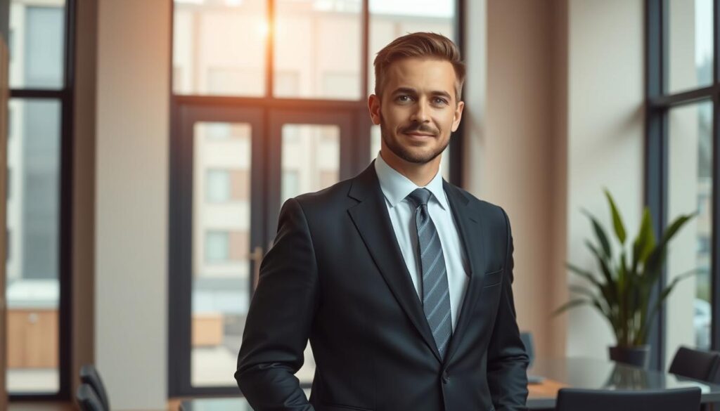 A professional lawyer in a well-tailored suit, standing confidently in a modern office with large windows. The lighting is warm and focused, casting a halo around the figure. The background is minimalist, with a few potted plants and a sleek, contemporary desk. The lawyer's expression is thoughtful yet approachable, conveying expertise and a willingness to listen and assist. The overall atmosphere suggests competence, professionalism, and a dedication to serving the needs of the client.