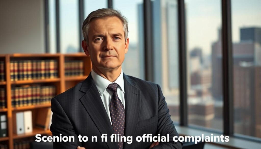 A professional-looking middle-aged man in a suit and tie, standing confidently with a serious expression, in a well-lit office setting. He represents a labor lawyer advocating for workers' rights. The background shows shelves of law books and a large window overlooking a cityscape, conveying an atmosphere of expertise and authority. The lighting is warm and directional, casting subtle shadows that add depth and dimensionality to the scene. The camera angle is slightly low, giving the subject an air of importance and gravitas, suitable for illustrating a section on filing official complaints.