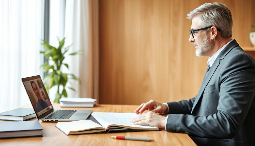 A professional online legal consultation on divorce, with a focus on the different stages of the process. A well-lit home office setting, with a laptop, folder, and law books on the desk. A lawyer in a suit, engaged in a video call with a client, conveying empathy and expertise. The background features a warm, modern color palette, creating a sense of trust and professionalism. The composition highlights the interaction between the lawyer and client, emphasizing the importance of legal guidance during this delicate transition.