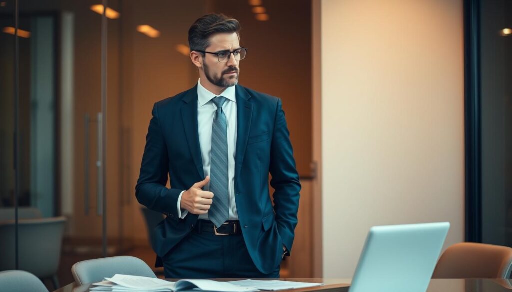 A professional, well-dressed lawyer standing confidently in a modern office, surrounded by legal documents and a laptop. The lighting is warm and focused, highlighting the lawyer's expression of deep thought as they evaluate their work. The background is slightly blurred, creating a sense of depth and emphasizing the subject. The overall mood is one of diligence, professionalism, and a dedication to providing exceptional legal services.