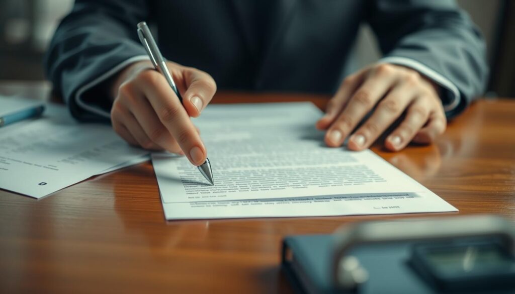 A professional, well-lit close-up shot of a person's hands carefully reviewing legal documents. The papers are spread out on a polished wooden desk, with a pen, highlighter, and small stack of files visible. The background is blurred, creating a sense of focus on the legal paperwork and the person's concentration. The lighting is soft and diffused, creating a contemplative, serious mood. The perspective is slightly elevated, giving a sense of authority and attention to detail. The overall composition conveys the importance of carefully and thoughtfully reviewing legal matters.
