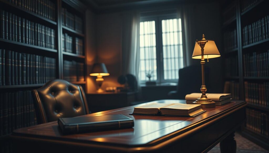 A serene, dimly lit office space showcasing the intricacies of legal consultation. A mahogany desk sits prominently, adorned with a luxurious leather-bound book and a brass desk lamp casting a warm glow. Bookshelves line the walls, their spines conveying a sense of profound knowledge and expertise. The overall atmosphere exudes professionalism, discretion, and an unwavering commitment to client confidentiality. The scene captures the essence of a trusted, private legal advisory service, where sensitive matters are handled with the utmost care and discretion.
