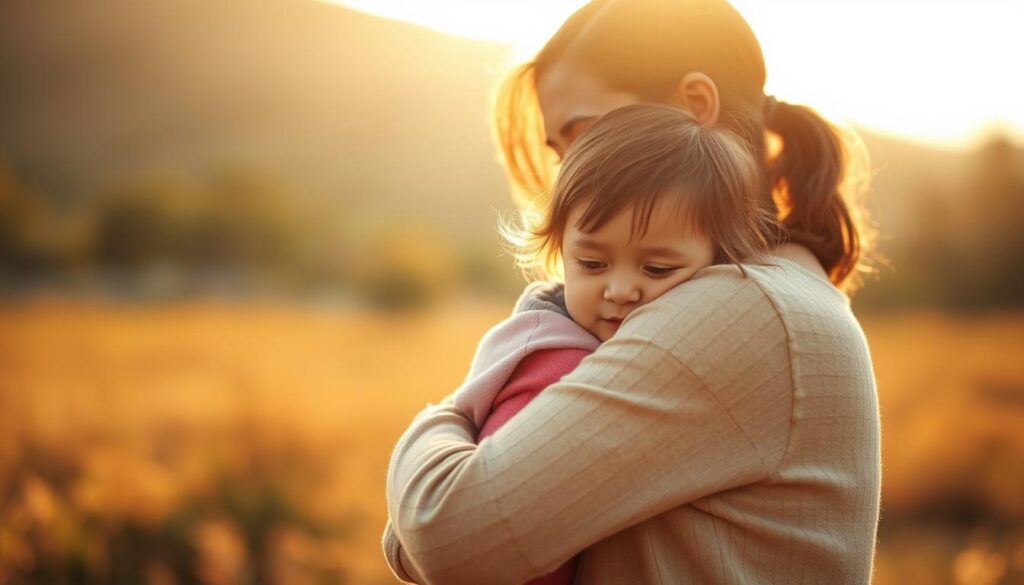 A serene family scene of a parent and child embracing, set against a warm, sunlit backdrop. The parent's gentle expression conveys a sense of reassurance and protection, while the child appears calm and secure. The composition is balanced, with the figures occupying the foreground and a softly blurred, natural landscape filling the middle and background. Soft, diffused lighting casts a soothing glow, emphasizing the tender, nurturing relationship. The overall mood is one of comfort, safety, and the unwavering commitment to safeguarding a child's wellbeing, even in the midst of life's transitions.