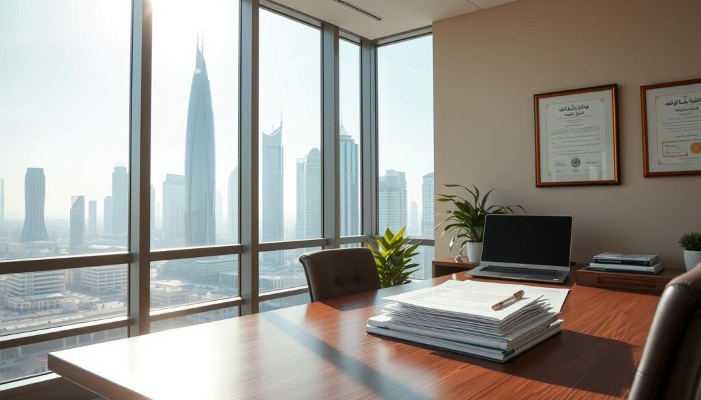 A serene office setting with a large window overlooking the iconic skyline of Riyadh, Saudi Arabia. Sunlight filters in, casting a warm glow on a desk adorned with a stack of legal documents and a laptop. On the wall, a framed certificate and a diploma hint at the expertise of the occupant. The room exudes an atmosphere of professionalism and authority, reflecting the subject matter of the latest legal updates and legislative changes in the Kingdom.