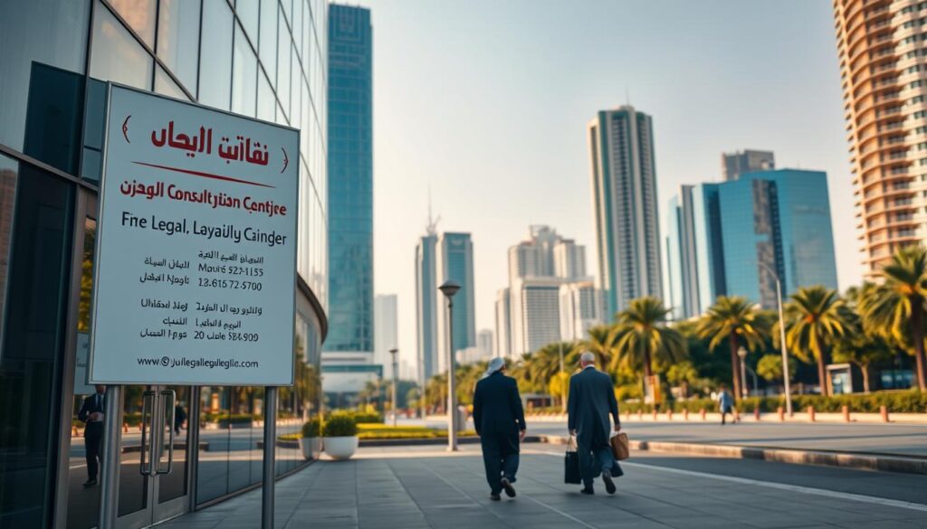 A serene urban landscape in Riyadh showcasing the free legal consultation centers. The foreground features a modern, glass-fronted building with a prominent sign indicating the center's operating hours in Arabic. In the middle ground, well-dressed individuals enter and exit the building, reflecting the professional and trustworthy nature of the services provided. The background depicts the vibrant cityscape of Riyadh, with towering skyscrapers and lush greenery, conveying a sense of community and accessibility. The lighting is warm and inviting, creating a welcoming atmosphere. The overall composition emphasizes the convenience and availability of these free legal resources to the residents of Riyadh.
