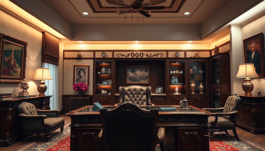 A sophisticated and elegant Arabic-style legal office interior, with a prominent desk and chair in the foreground. Warm, ambient lighting casts a cozy glow, while tasteful artwork and decorative elements adorn the walls. The space exudes a sense of professionalism and expertise, befitting a reputable legal consultancy firm. The furniture and decor are meticulously crafted, reflecting the high-quality services offered. The overall atmosphere conveys trust, reliability, and a commitment to providing exceptional legal counsel.