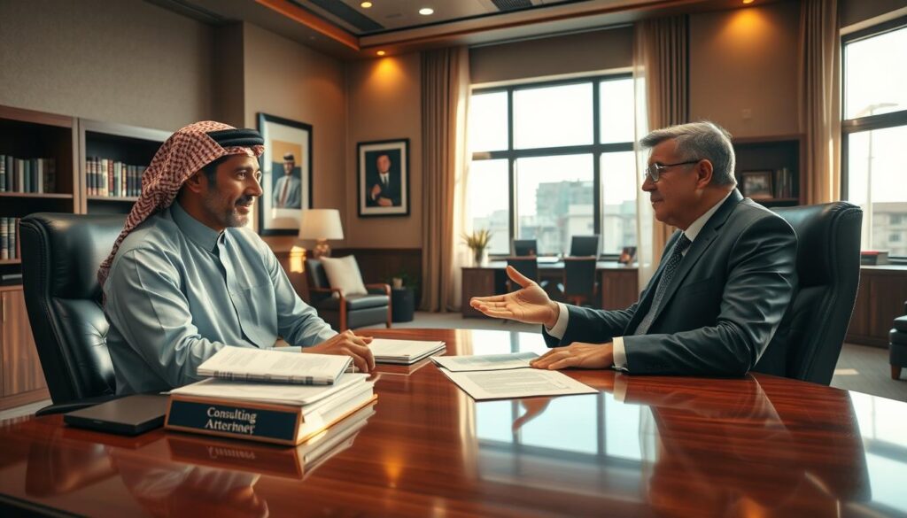 A spacious modern law office interior, featuring a well-dressed middle-aged man sitting at a polished wooden desk, deep in conversation with a client. Warm lighting from large windows casts a professional, contemplative atmosphere. On the desk, a stack of legal documents and a nameplate reading "Consulting Attorney." The client's expression is one of trust and confidence, as the attorney gestures with an air of authority and expertise. The room is adorned with bookshelves, artwork, and subtle Saudi cultural elements, conveying a sense of established credibility and reliability.