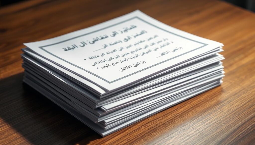 A stack of legal documents with Arabic text, neatly arranged on a wooden surface. The papers have a crisp, professional appearance, conveying a sense of importance and authority. Soft, directional lighting illuminates the scene, casting subtle shadows and highlights that add depth and texture. The background is blurred, placing the focus squarely on the legal documents, which are the central subject. The overall mood is one of seriousness, attention to detail, and the significance of legal paperwork in the context of legal consultation.
