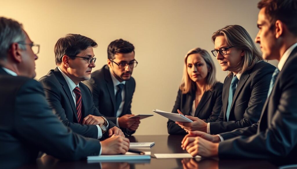 A team of experienced, specialized lawyers in formal business attire, gathered around a conference table, engaged in a serious discussion. The lighting is warm and professional, casting subtle shadows that accentuate their expressions of thoughtful concentration. The scene conveys an atmosphere of expertise, reliability, and a commitment to providing high-quality legal counsel. The angle is slightly elevated, giving a sense of authority and the lawyers' command of the situation. The background is a blur of neutral tones, keeping the focus on the lawyers and their important work.
