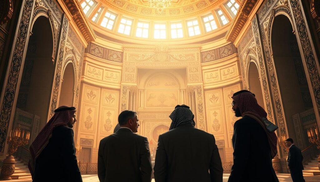 A vast, ornate government building with intricate Arabic calligraphy and architectural flourishes, bathed in warm, golden sunlight. In the foreground, a group of businesspeople in formal attire engaged in a serious discussion, their expressions reflecting the gravity of the commercial laws and regulations governing their enterprises. The scene conveys a sense of the intersection between Saudi Arabian business culture and the legal framework that shapes it, with an air of authority and tradition. The image should be rendered with a cinematic quality, using a wide-angle lens to capture the grandeur of the setting and the human drama unfolding within it.