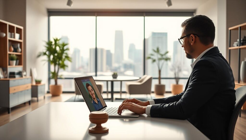 A vibrant and professional-looking online legal consultation scene. In the foreground, a person is sitting at a desk, intently engaged in a video call on a laptop. The middle ground features a clean, modern office interior with minimalist furniture and decor. In the background, a large window overlooks a cityscape, casting warm natural light throughout the space. The overall atmosphere conveys a sense of expertise, efficiency, and trustworthiness, reflecting the high-quality legal services being provided remotely.