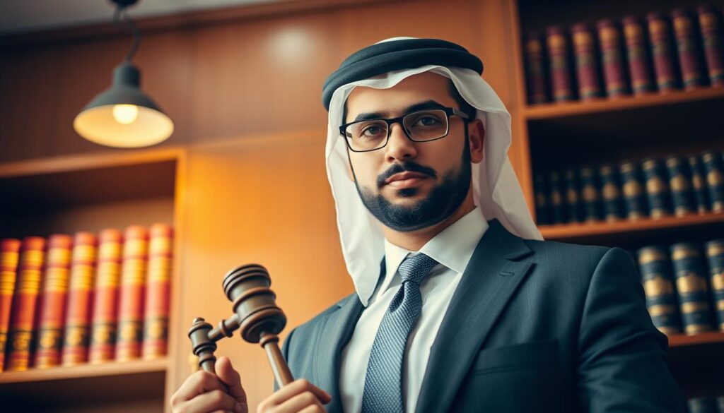 A well-dressed Arab lawyer stands confidently in his office, gavel in hand. The lighting is warm and inviting, casting a professional glow over his tailored suit and serious expression. The background features a wooden bookshelf filled with legal tomes, hinting at his expertise and dedication. The overall atmosphere conveys a sense of trustworthiness, competence, and a commitment to justice. The camera angle is slightly low, emphasizing the lawyer's authoritative presence and suggesting his ability to effectively represent his clients' interests.