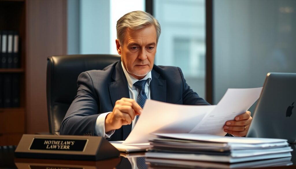 A well-dressed, middle-aged man with a serious expression sits at a desk, meticulously reviewing legal documents. The lighting is warm and professional, casting a soft glow on his face. He wears a navy blue suit and a crisp, white shirt, exuding an air of authority and expertise. The desk is neatly organized, with a laptop, a nameplate, and a stack of files in the foreground. The background is blurred, suggesting a law office or a professional setting. The overall mood is one of diligence, competence, and attention to detail, reflecting the subject's role as a specialized legal professional.