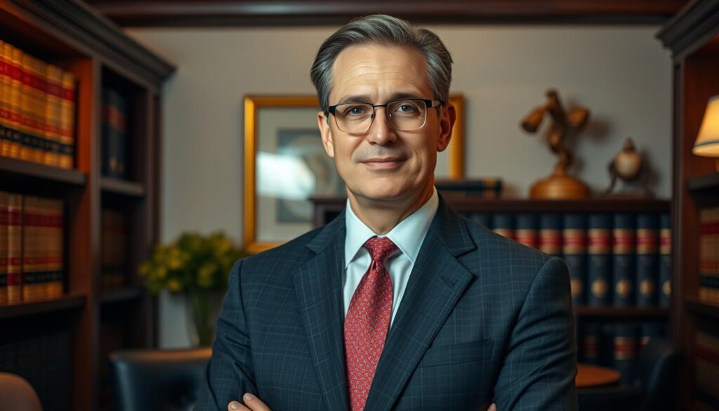 A well-dressed, middle-aged person stands confidently in a tastefully decorated office, surrounded by law books and tasteful decor. The lighting is warm and professional, casting a soft glow on the scene. The person's expression conveys a sense of expertise and trustworthiness, inviting the viewer to consider this individual as a potential legal representative. The overall atmosphere is one of professionalism, competence, and reliability - qualities that would be desirable in a legal advisor. The composition is balanced and visually appealing, drawing the eye to the central figure.