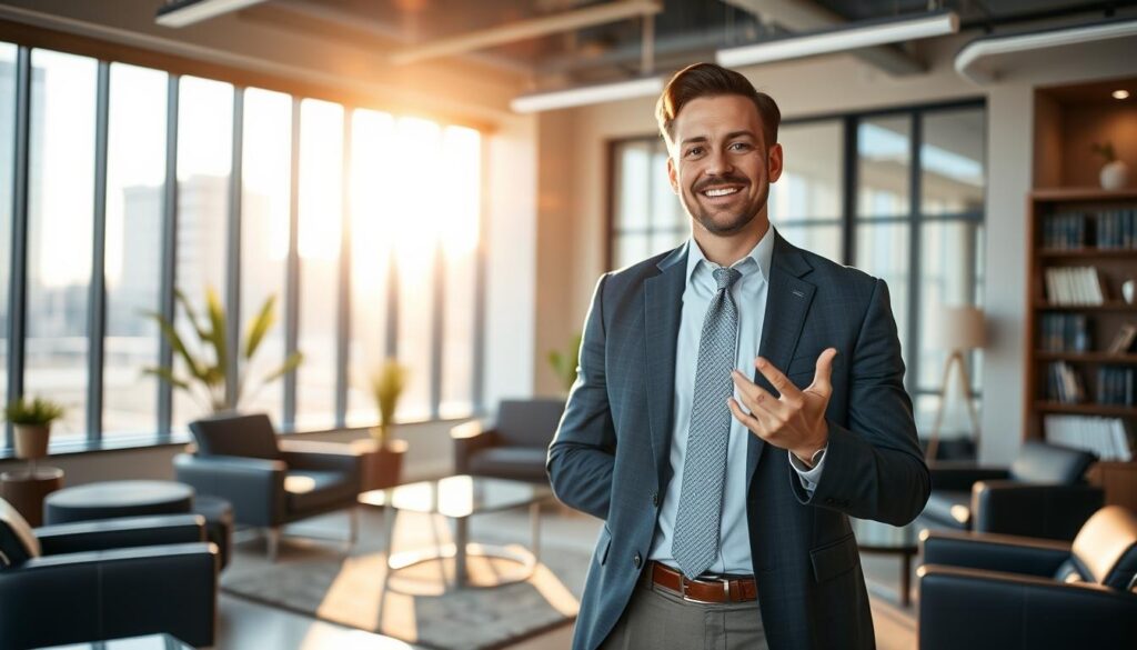 A well-dressed professional male attorney standing confidently in a modern law office, bathed in warm, natural lighting from large windows. He has a kind, approachable expression and is gesturing with one hand, engaged in a conversation. The room features sleek, minimalist furniture and decor, suggesting a high-end, reputable practice. The overall atmosphere conveys professionalism, trustworthiness, and a commitment to advocating for workers' rights.