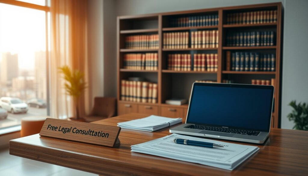 A well-lit and modern law office interior, featuring a wooden desk with a nameplate that reads "Free Legal Consultation" in Arabic. On the desk, a laptop, a stack of legal documents, and a pen. In the background, a bookshelf filled with law books and a large window overlooking a cityscape. The room exudes a professional and trustworthy atmosphere, inviting the viewer to seek legal guidance. Subtle ambient lighting casts a warm glow, creating a welcoming and approachable environment for the legal consultation.