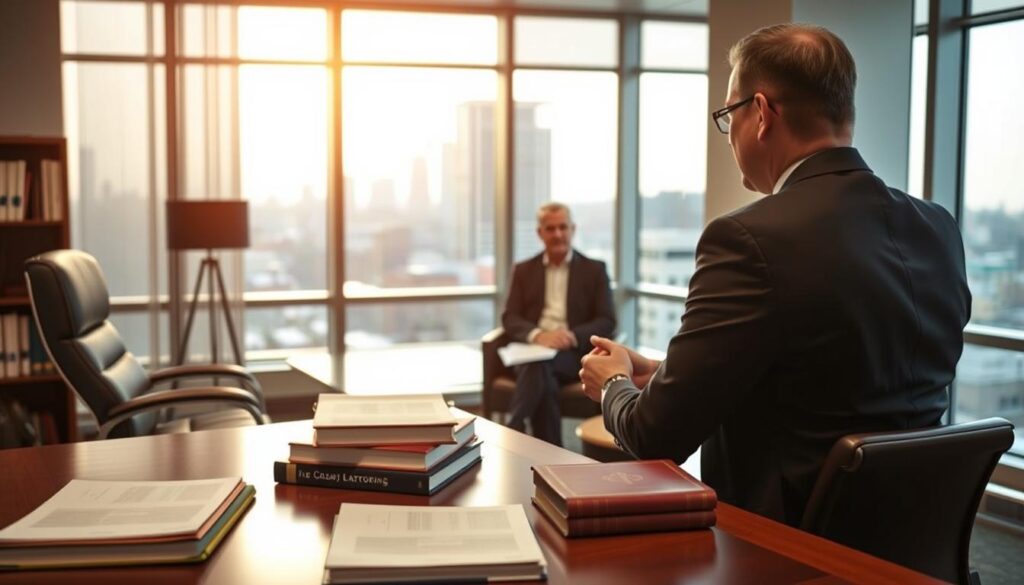 A well-lit professional office interior with a desk, chair, and law books in the foreground. In the middle ground, a businessperson in a suit sitting across from a lawyer in a suit, engaged in a meeting. The background features a large window with a view of a cityscape. The lighting is warm and the atmosphere is one of professionalism and trust, reflecting the expertise and services of a labor law attorney. The composition and angles capture the dynamic of a client-attorney consultation regarding labor-related matters.
