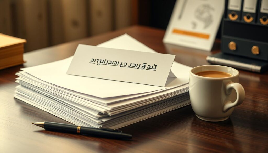 A well-organized office desk with a stack of legal documents, a pen, and a cup of coffee. The documents are neatly arranged, with a clear label on the top folder indicating "المستندات المطلوبة لفتح قضية أحوال شخصية". The lighting is soft and warm, creating a professional and focused atmosphere. The desk is made of dark wood, and the background is blurred, keeping the attention on the essential documents. The scene conveys the importance and attention to detail required when preparing to open a personal status case.