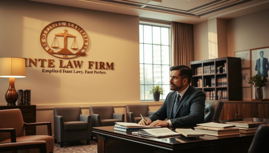An elegant office space with a law firm's logo prominently displayed on the wall. A professional-looking man in a suit sits at a desk, deep in thought, surrounded by legal books and documents. Warm lighting filters through large windows, casting a focused, serious atmosphere. The room is tastefully decorated with minimalist furniture and subtle accents, conveying a sense of authority and expertise. The scene evokes an environment where clients can expect sound legal counsel and personalized attention for their employment-related matters.