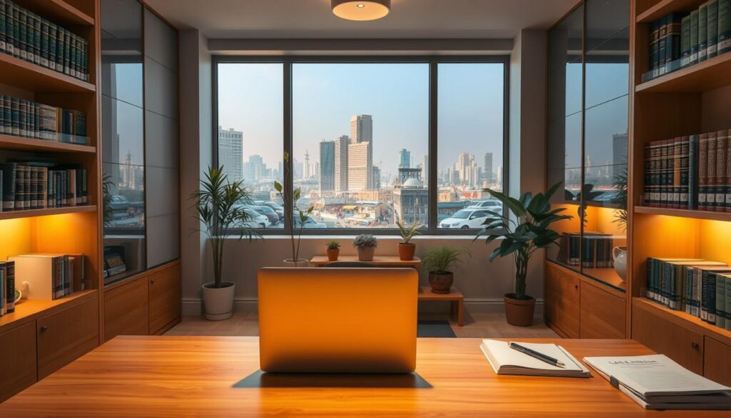 An office interior with a cozy, professional atmosphere. In the foreground, a warm-lit desk with a laptop, pen, and notepad. Shelves line the walls, filled with law books and folders. A large window in the middle ground offers a view of the bustling city of Jeddah outside. Soft lighting casts a welcoming glow, creating an environment conducive to legal consultations. A few potted plants add a touch of nature. The scene conveys a sense of expertise, accessibility, and attention to detail, reflecting the high-quality free legal advice available in Jeddah.