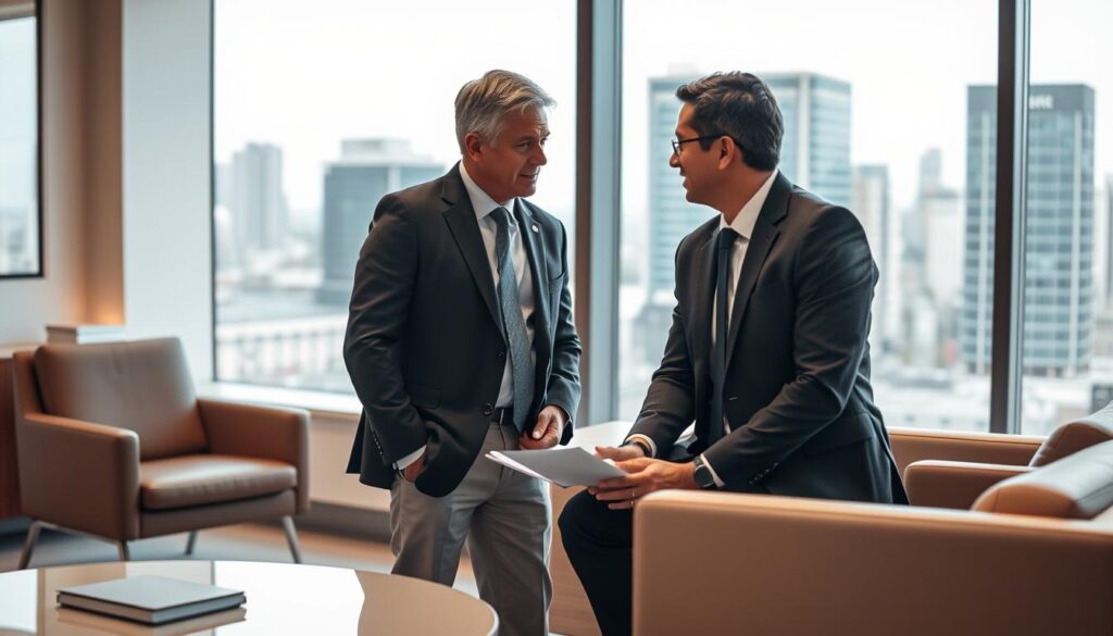 High-contrast commercial legal consultation scene. A modern, well-appointed law office interior with clean lines, neutral tones, and sleek furniture. Two people - a lawyer and a client - are engaged in a focused discussion, their body language conveying a sense of openness and transparency. Warm, directional lighting illuminates their faces, creating a professional yet approachable atmosphere. The background features a large window showcasing a bustling cityscape, symbolizing the commercial context. The overall composition suggests a collaborative, trust-based relationship between the lawyer and client.