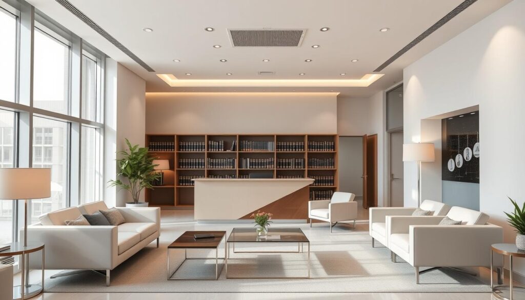 a modern and professional-looking law office in Jeddah, Saudi Arabia, with a warm and inviting atmosphere. The interior features sleek, minimalist furniture and decor in neutral tones, creating a soothing and calming environment. Large windows allow natural light to flood the space, and there are discreet lighting fixtures that provide a soft, ambient glow. The reception area has a simple, elegant design with a clean, uncluttered layout, conveying a sense of efficiency and attention to detail. In the background, there are bookshelves lined with legal tomes, hinting at the depth of knowledge and expertise available within the firm. The overall impression is one of a well-established, reputable law practice that prioritizes professionalism, client comfort, and quality service.