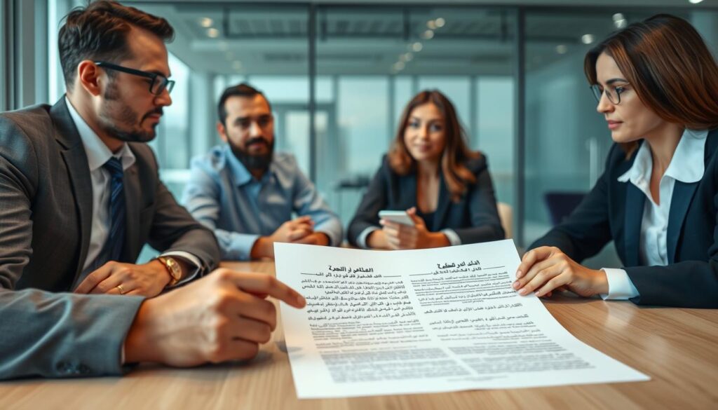 رجال أعمال يناقشون أخطاء في عقد شراكة بين شركتين