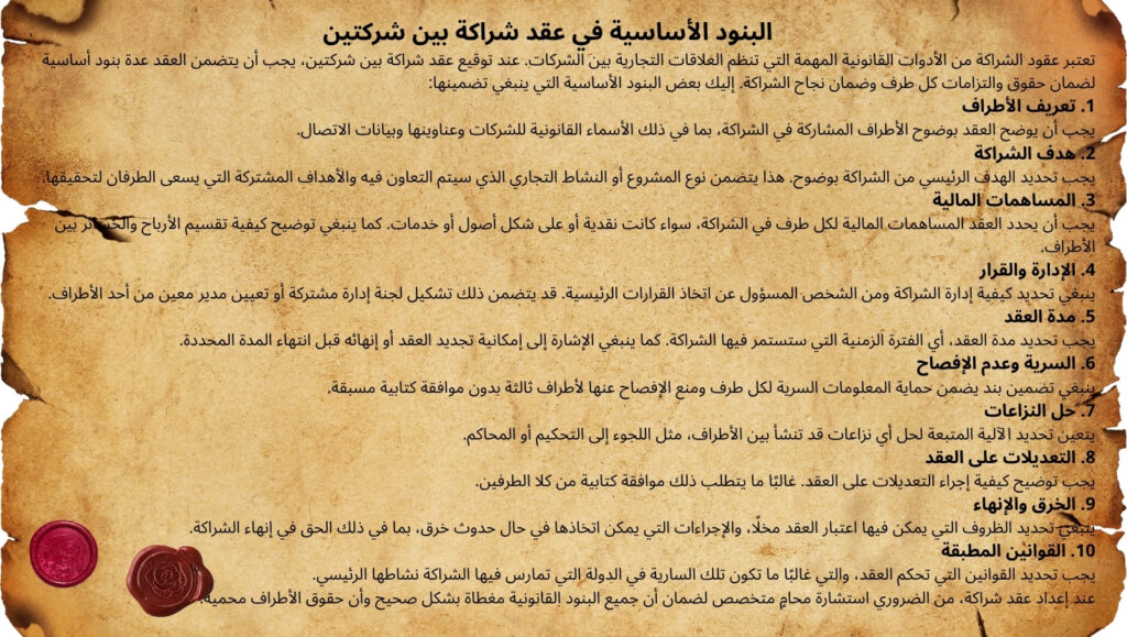 وثيقة عقد شراكة بين شركتين توضح البنود الرئيسية