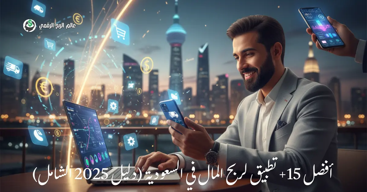 شخص يستخدم تطبيقات ربح المال في السعودية على هاتفه الذكي مع خلفية لأفق مدينة الرياض.