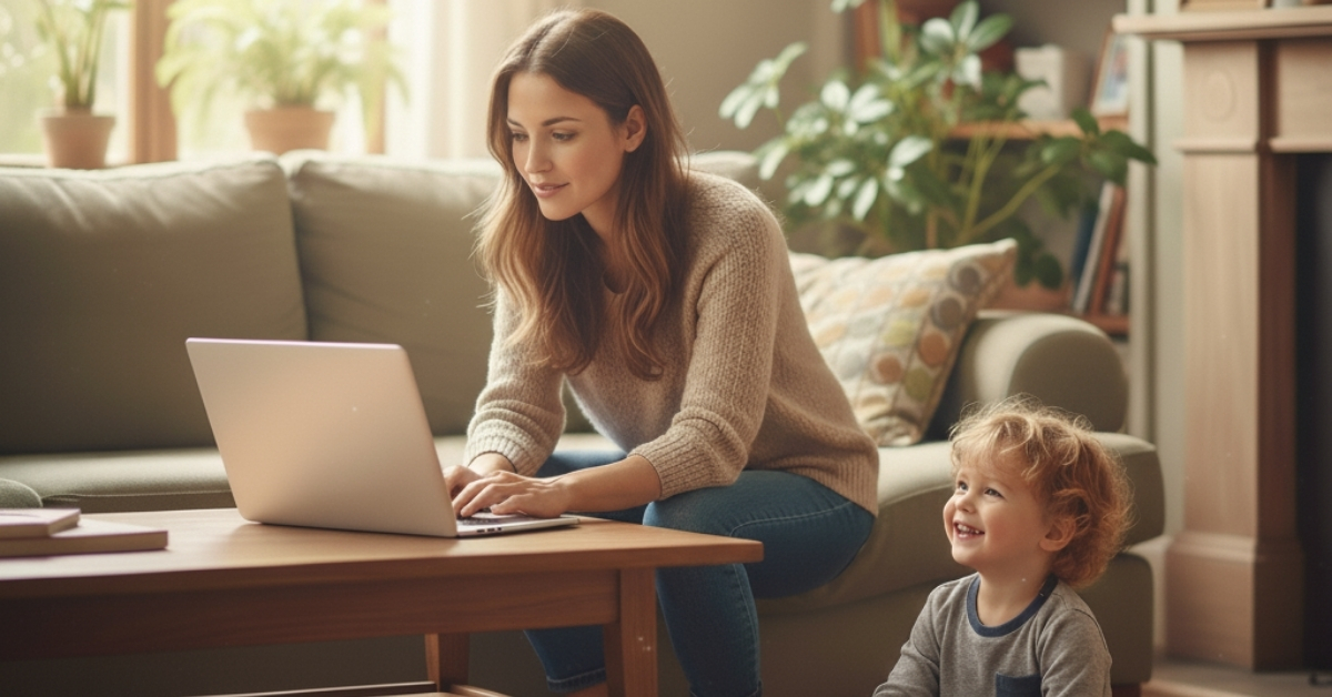 أم تعمل على لابتوب في المنزل وبجانبها طفلها يلعب بسعادة