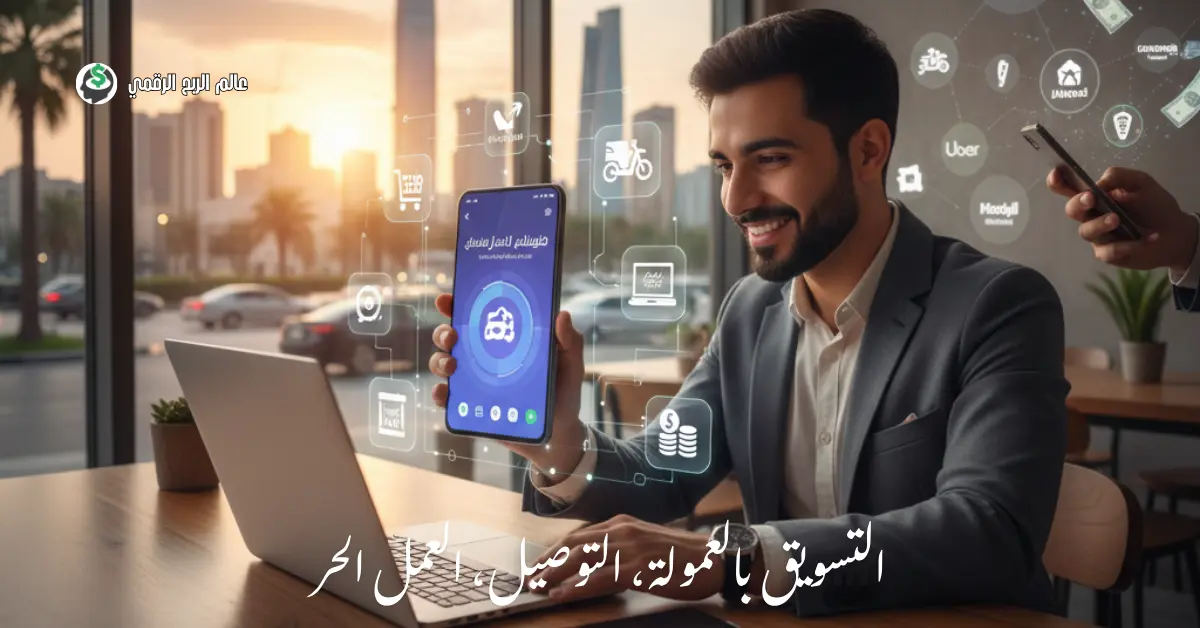 أيقونات تمثل التسويق بالعمولة، التوصيل، والعمل الحر كأبرز تطبيقات ربح المال في السعودية.