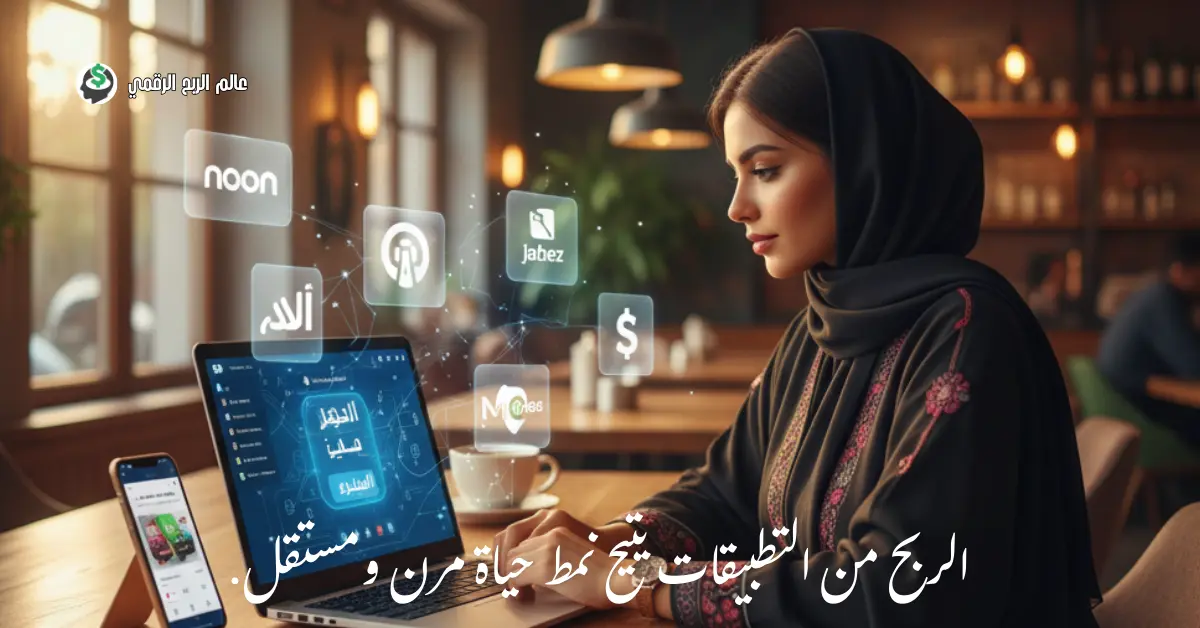 شخص يعمل على حاسوبه المحمول في مكان مريح، مما يرمز إلى نمط الحياة المرن الذي يتيحه الربح من التطبيقات.