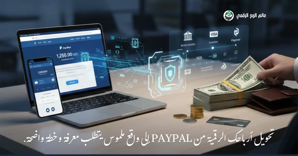 شخص يقوم بعملية سحب أرباح PayPal من هاتفه الذكي إلى بطاقة فيزا.