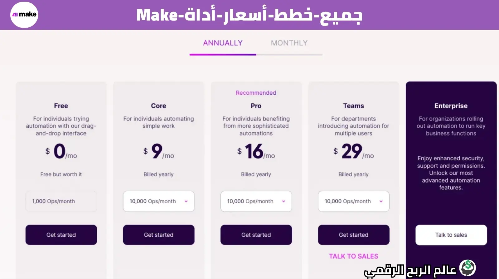 جميع خطط وأسعار أداة Make