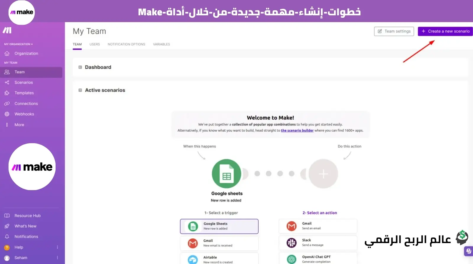 خطوات إنشاء مهمة/سيناريو جديد داخل Make