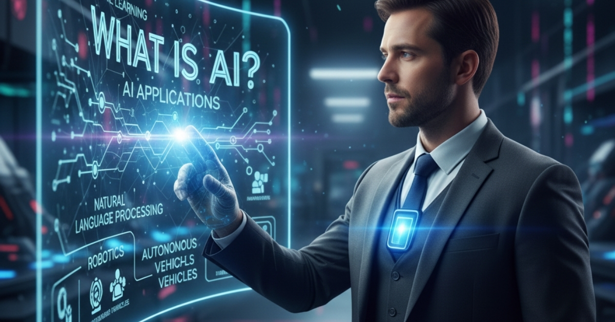 رجل يتفاعل مع واجهة ذكاء اصطناعي مستقبلية لفهم ما هو الذكاء الاصطناعي وتطبيقاته