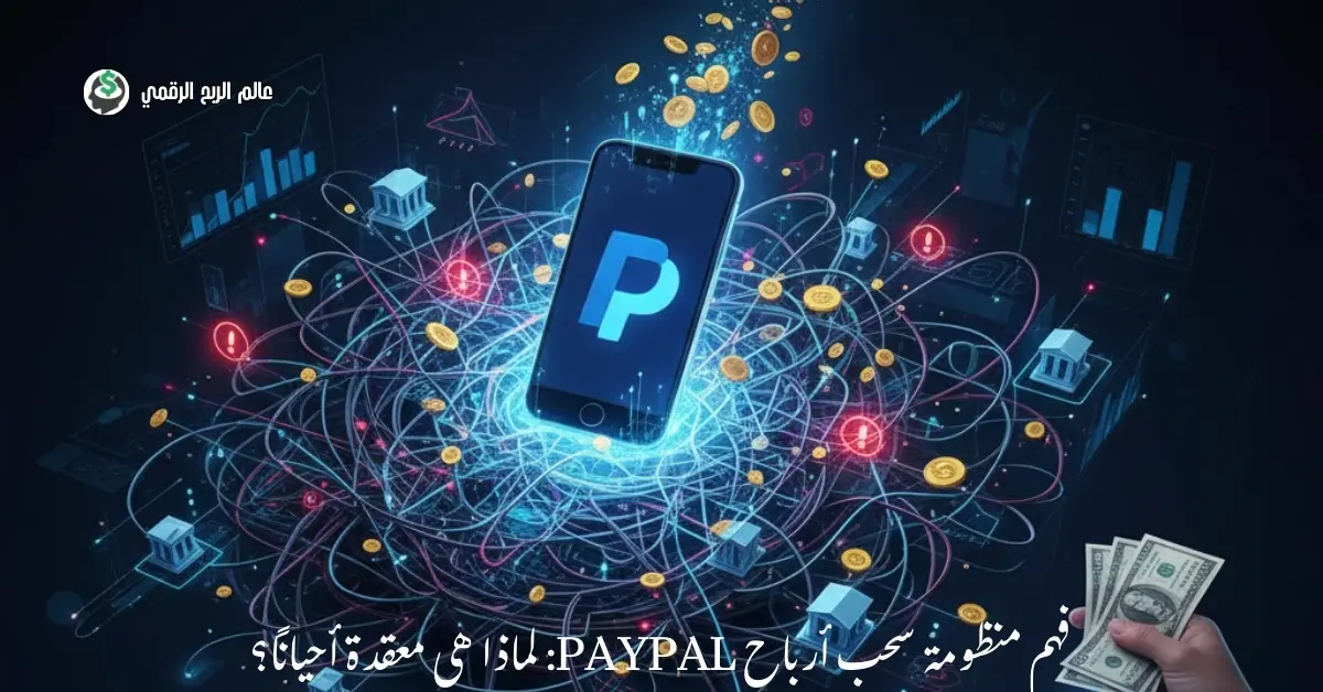 رسم توضيحي يوضح تعقيدات سحب أرباح PayPal عبر الحدود الدولية.