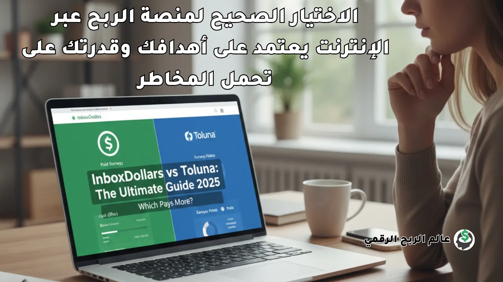 مقارنة بين InboxDollars و Toluna: شخص يستخدم جهاز كمبيوتر محمول لكسب دخل إضافي من مواقع الاستطلاعات المدفوعة.